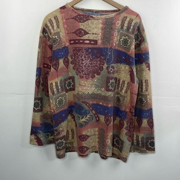 Boho Crewneck Long sleeve colorful ribbed shirt size 2X - Picture 1 of 6